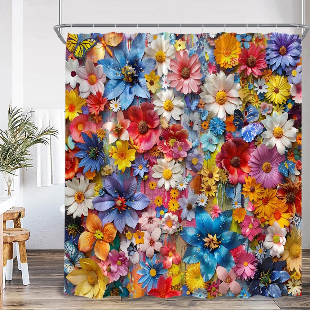 Watercolor Floral Shower Curtain Flower Plant Butterfly Purple Blue Golden Blossom Bathroom Decor ModernPolyester Bath Curtain