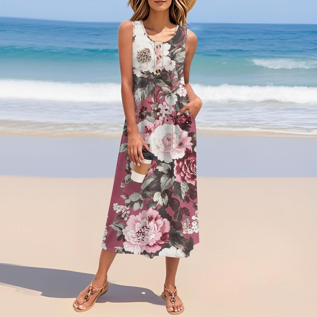 Women's Summer Vintage Floral Patchwork Print Dress Sleeveless Button Down Casual Loose Long Beach Sundress