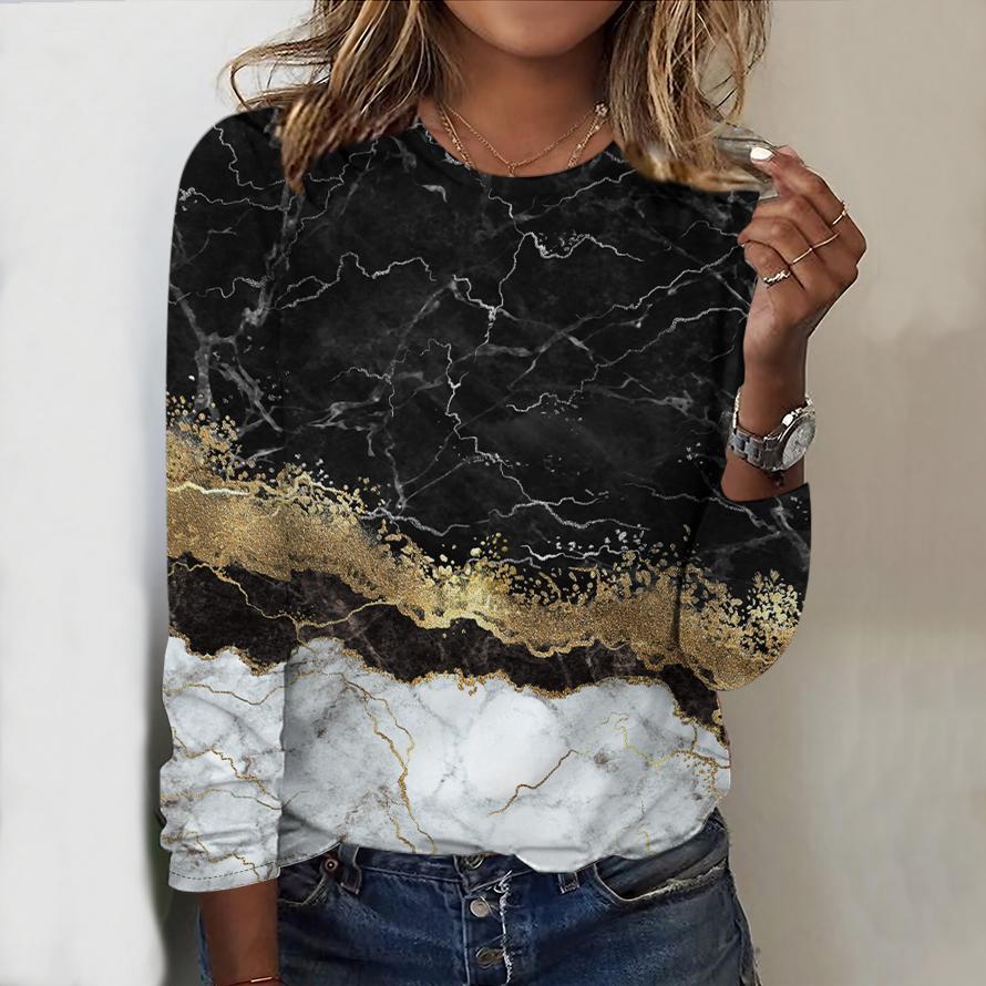 Tops For Women River Stripes Print Round Neck Long Sleeve T-shirt Fall Casual Slim Pullover Women's Long Sleeve Top