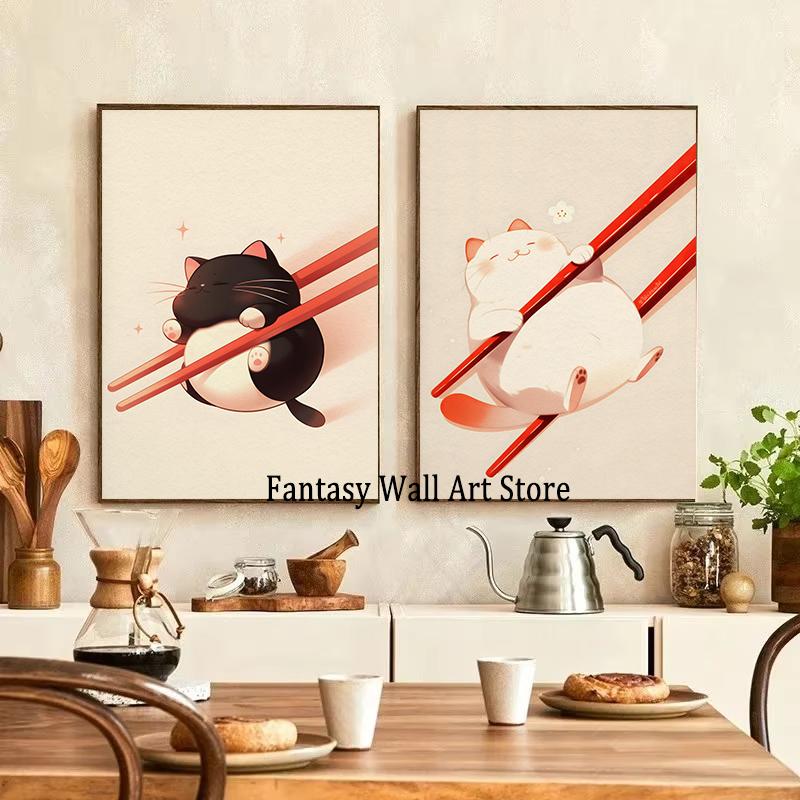 Vintage Japanese Cat Eat Ramen Sushi Maneki Neko Poster Kitchen Wall Art Apanese Cat Neko Wall Decor Canvas Painting Restaurant