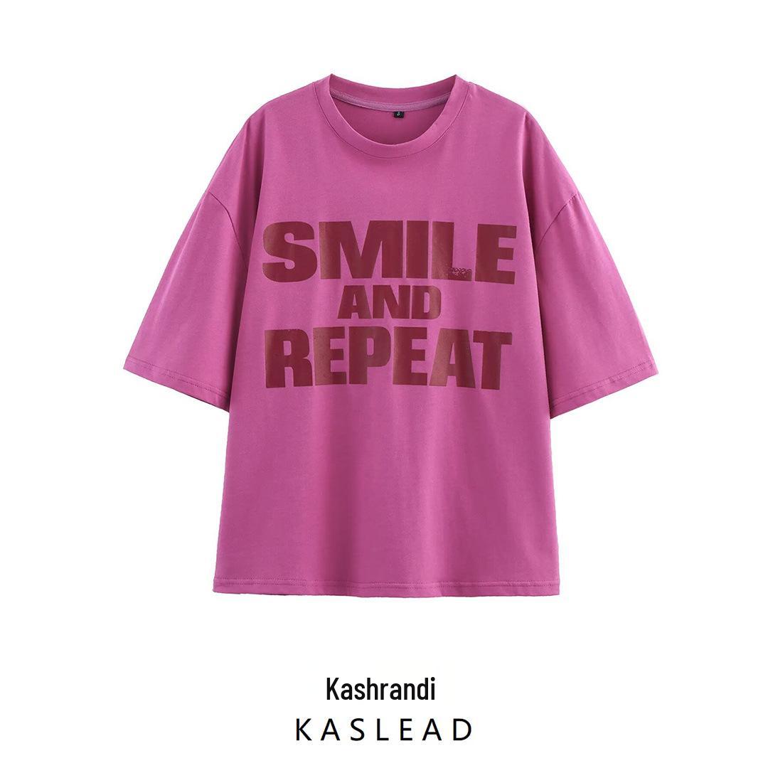 

2025 Spring Women s European & American Style Versatile Print T-shirt M троянди рожеві кольору