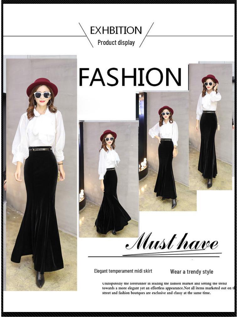 2025 Guld Sammet Fisksvans Volang Lång A-linje Kroppsnära Kjol för Höst/Vinter