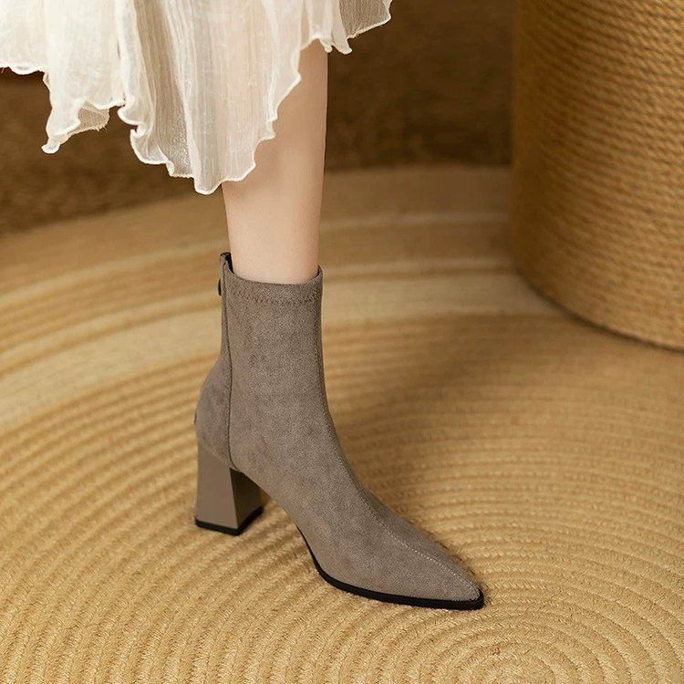 Fashion suede high-heeled Martin boots 2025 autumn and winter new French thick heel pointed thin boots frosted short boots women