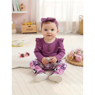 High qualitySpring/Autumn Solid Color Ribbed Flutter Sleeve Long Sleeve Romper with Floral Print Pants and Bow Headband Set for Baby Girls, Suitable