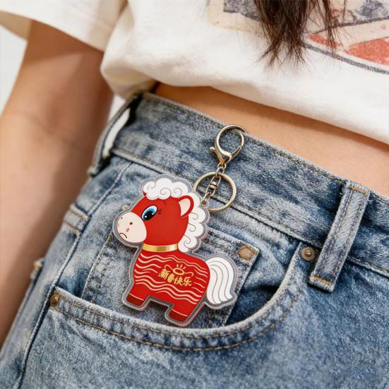 Yousheng 2026 Year of Horse Keychain Pendant Acrylic Red Horse Cartoon Design Metal Ring Key Chain with Happy New Year Blessings Backpack Schoolbag
