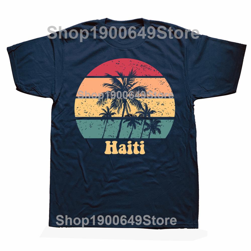 Funny Haiti Retro Sunset Proud Haitian T Shirts Cotton Streetwear Gifts Mens Clothing Fashion Casual Loose Oversized T Shirt