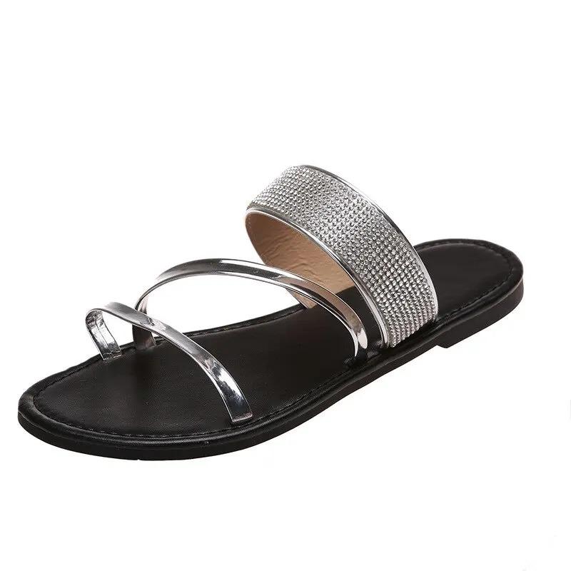 Sommersandalen für Damen, flache Sandale, funkelnde Strasssteine, trendige Damen-Strandsandalen, glitzernde, elegante Slip-on-Bling-Freizeitschuhe