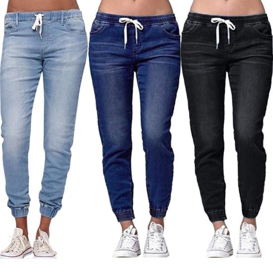 Women Solid Color Drawstring Ankle Tie Slim Stretchy Jeans Plus Size Denim Pants