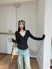 Gray Lace V-Neck Knit Top - Autumn/Winter Slim Fit Long Sleeve Base Layer