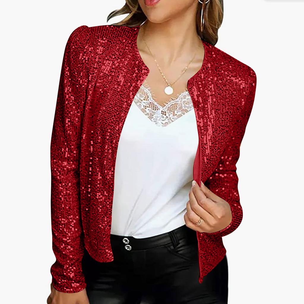 Women's Cardigan Long Sleeve Shiny Sequin Coat Open Front Casual Female Jacketc