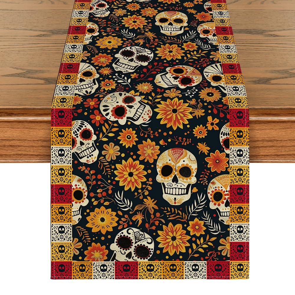 Flowers Sugar Skull Mexican Day of The Dead Table Runner,Dia De Los Muertos Kitchen Dining Table Decoration for Home Party Decor