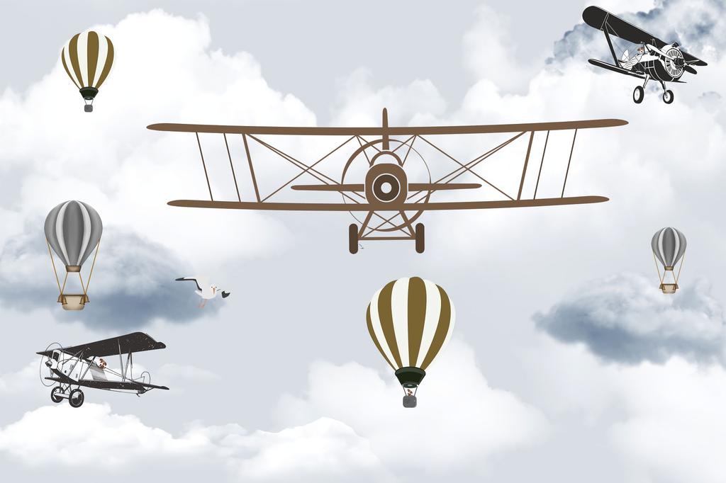 Children's photo wallpaper biplane and balloons over the mountains DWK272 200x135