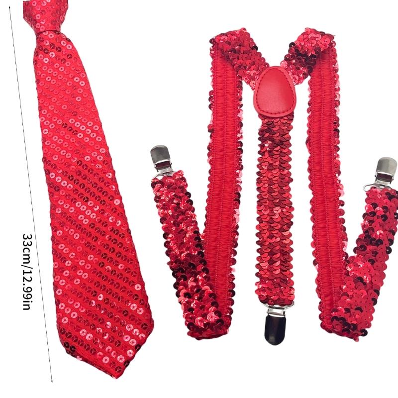 Verstellbares Pailletten Hosenträger und Krawatten Set für Herren mit Metallclip für Hochzeiten und Mottopartys Kostümzubehör