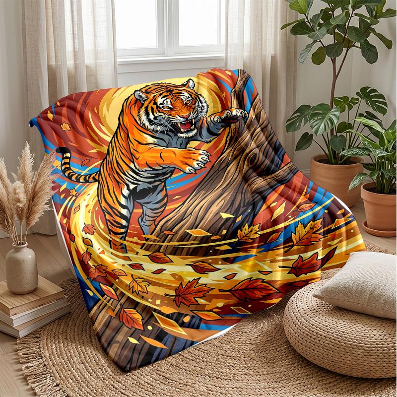 Tiger in Autumn Leaves Theme blanket Lightweight Warm Flannel Blanket Decorative Throw Blanket for Home Decoration