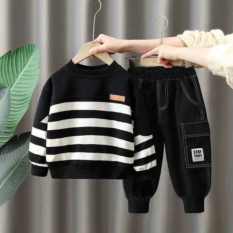 

Children s Set Boys Autumn Casual Set Rascal Handsome Baby Striped Hoodie Pants Two Piece Set 90 чорний