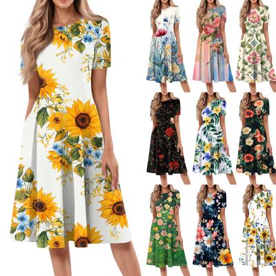 Women Casual Printed Round Neck Short Sleeved Long Dress