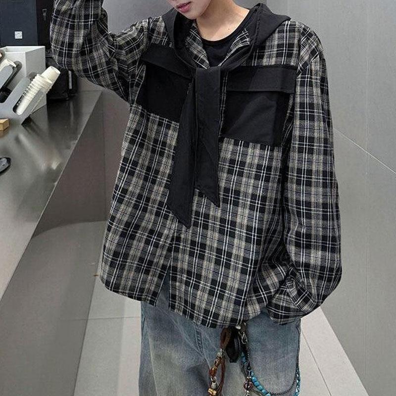 Stylish Hooded Patchwork Bandage Shirts Men's Clothing Vintage Plaid Autumn Long Sleeve  Casual Single-breasted Shirts