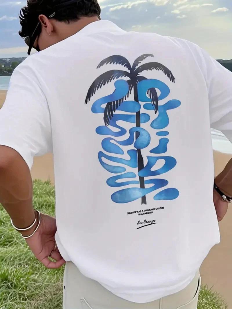 Men s Tropical Palm Tree Loose Fit Comfortable Casual Graphic Crew Neck T-Shirt S