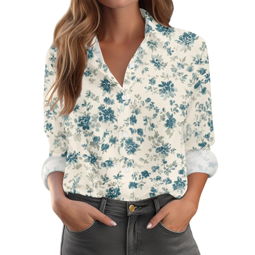 Women's Shirt With Floral Print Buttons, Long Sleeved Casual Regular Shirt Blouses Casual Plus Size Basic Tops