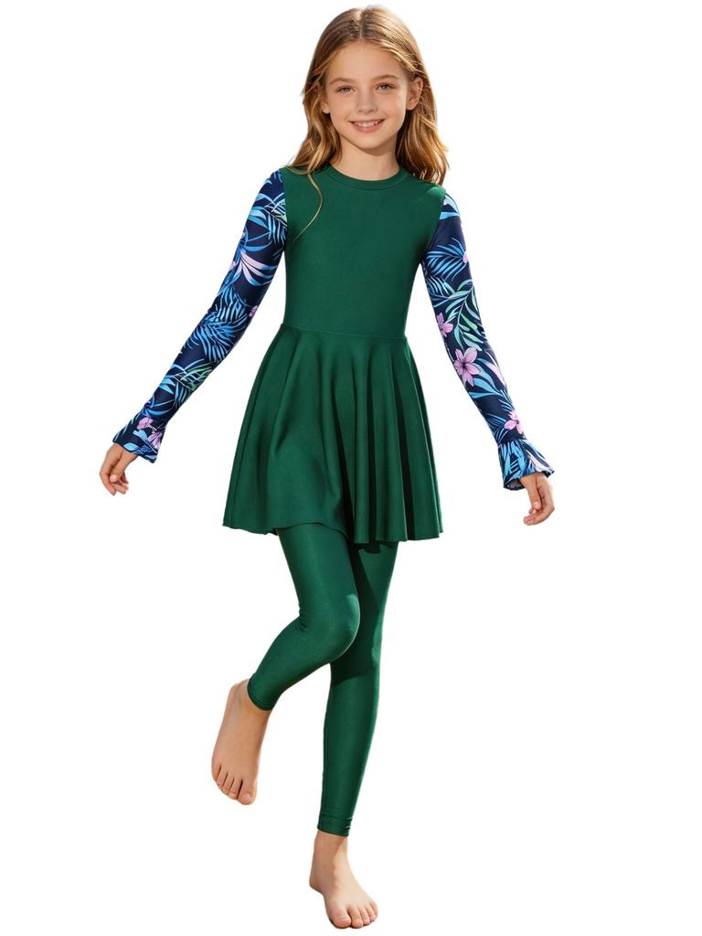 Kids Girls Two Piece Swimsuit Set Long Sleeve Floral Print Short Dress with Pants Rash Guard for Pool Beach Summer Swim