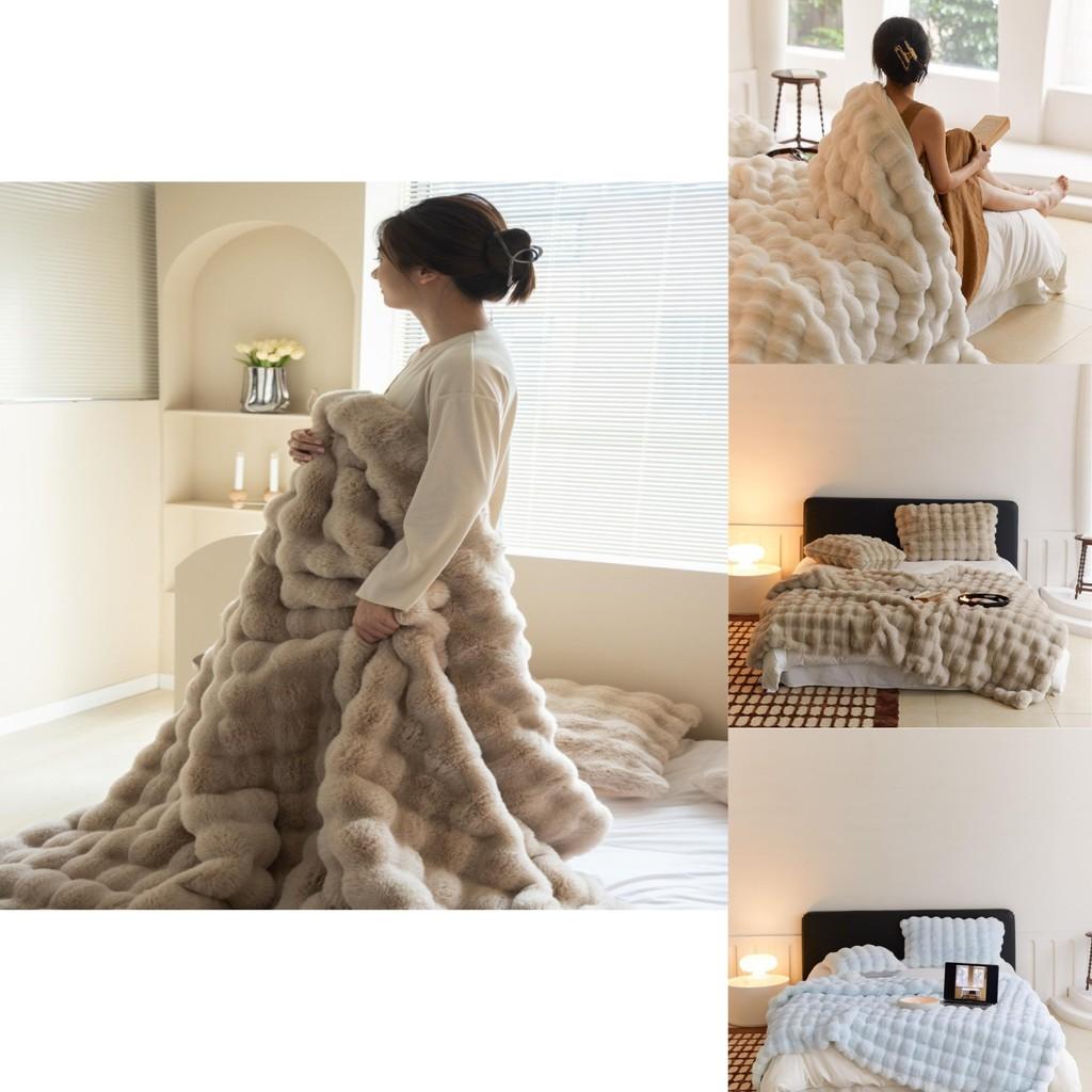 Elegant Toscanian Ins Style Thick Warm Faux Rabbit Fur Blanket Soft Cozy Cover In White