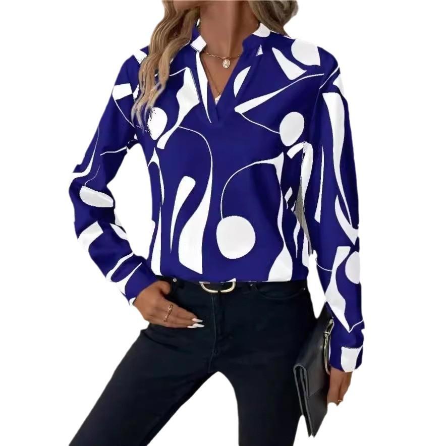 

Women s Abstract Print Long Sleeve Shirt, V-Neck Stand Collar Blouse, Casual Loose Fit Top XXL синій