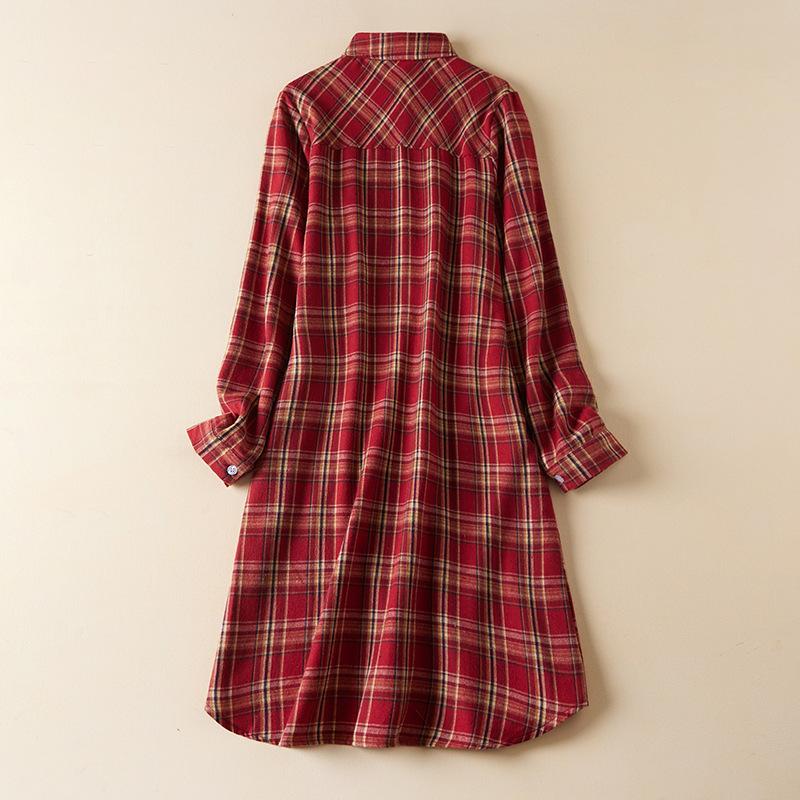 Spring and Autumn Plaid Shirt Women's Mid-length Long-sleeved Brushed Blouse Loose Casual Shirt