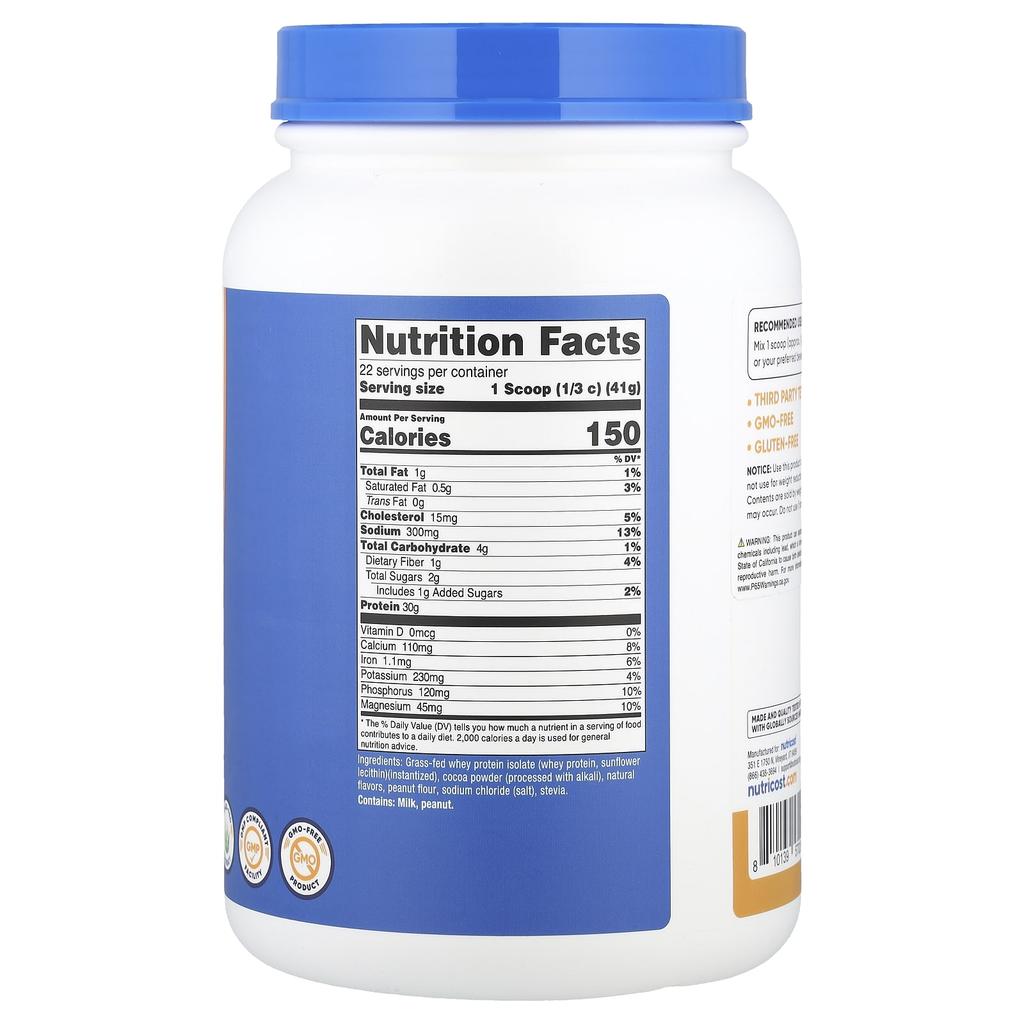 Nutricost Grass-Fed Whey Protein Isolate, Chocolate PB, 2 Lb (907 G)