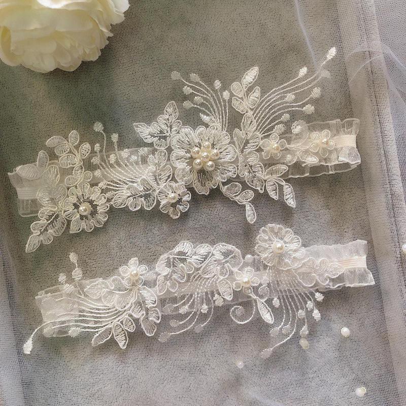 2Pcs Wedding Garter Lace Beads Embroidery Flower Sexy Garters Women/Female/Bride Thigh Ring Bridal Lace Leg Ring Loop