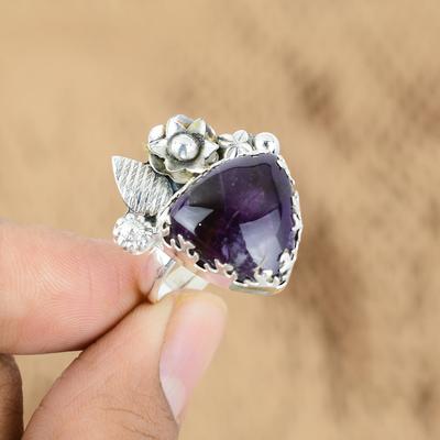 Natural African Amethyst Flower Trendy Promise Artisan Ring Jewelry 925 Silver