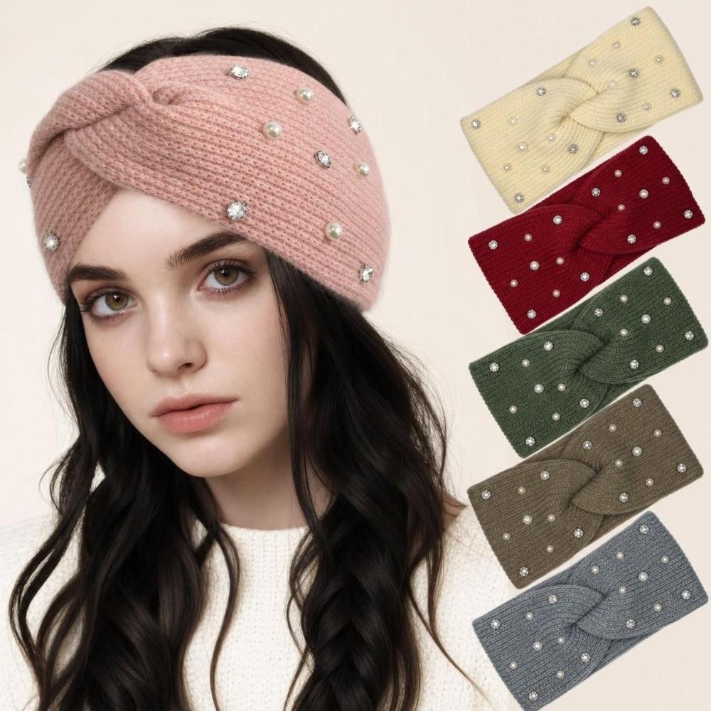 Rhinestone Pearl Decor Winter Pearl Headband Multiple Colors Elastic Ear Warmer Winter