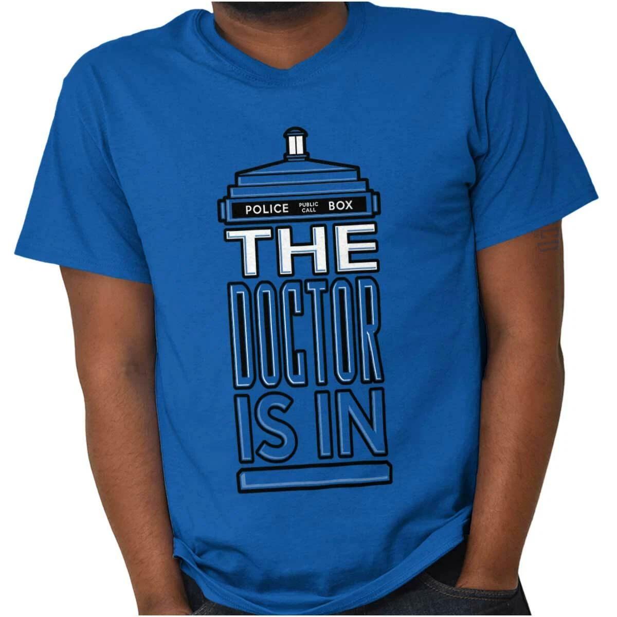 Police Public Call Box The Doctor Is In Show Womens or Mens Crewneck T Shirt Tee XL