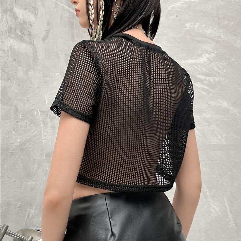 Y2K Summer Hollow Splicing Printed Mesh Cover Shirt Short T-shirt
