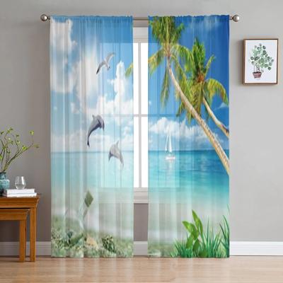 Sea Dolphin Palm Tree Sheer Window Curtains For Living Room Bedroom Modern Voile Tulle Curtains Fabric Drapes For Kitchen