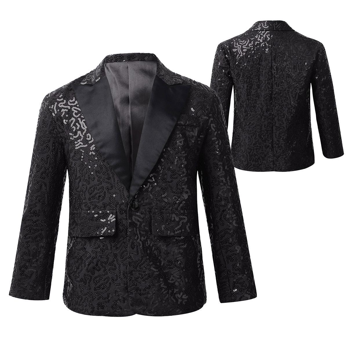 RUNQHUI Kinderen Jongens Glanzende Pailletten Revers Blazers Smoking Jasje Banket Bruiloft Dansshow Sprankelende Blazer 5-6 Years