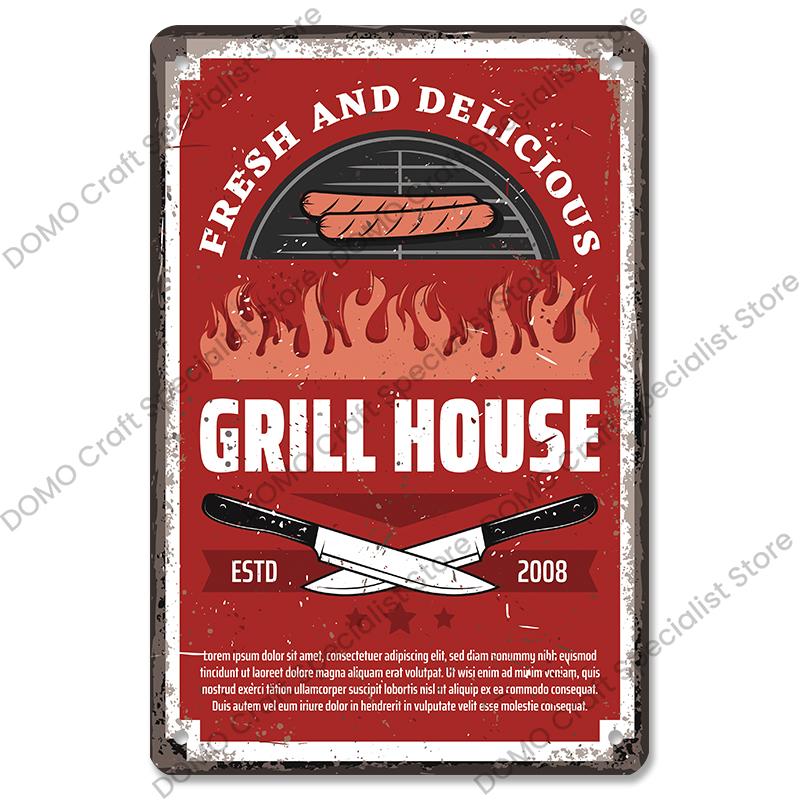 Vintage Barbecue Plaques Metal Tin Signs Grill Meat Steak Sausage Retro Metal Plate Wall Decor BBQ Party Shop Dining Room