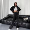 Women Winter 2 Piece Suit Half High Collar Zip Up Long Sleeve Top Elastic Waist Wide Leg Pocket Trousers