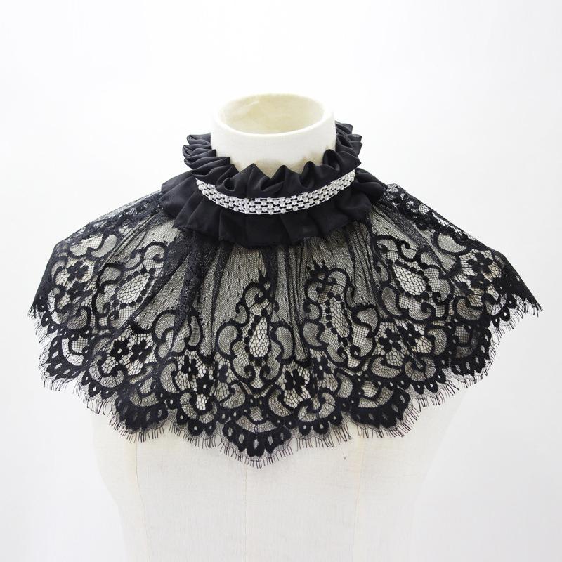 

Black Ladies Stand Collar Lace Neck Ruffle Fake Collar Cape With Pearl Sexy Versatile Decorative Collar Shawl Costume Accessory