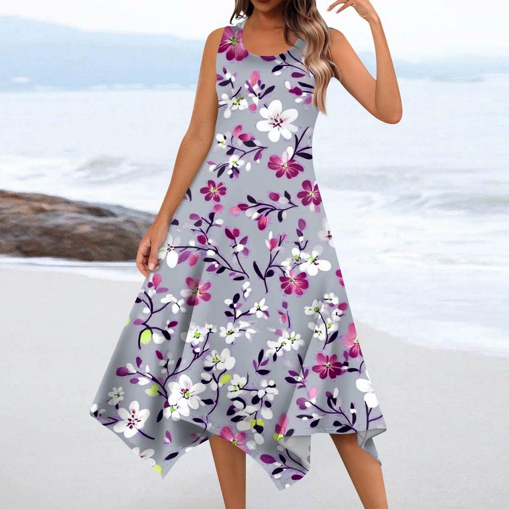 Women's Summer Fashion Round Neck Sleeveless Floral Print Irregular Hem Midi Dresses