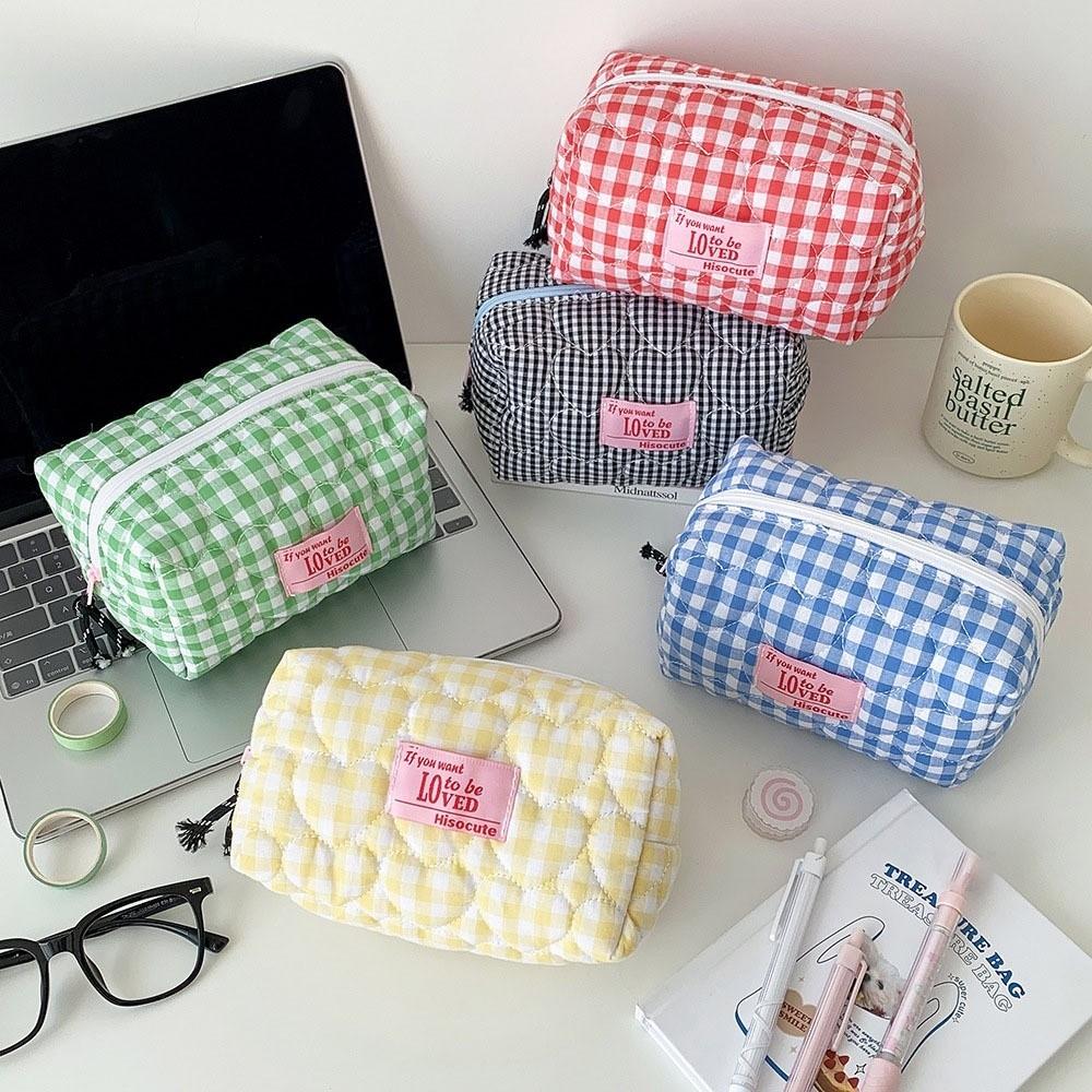 Pen Bag Korean Plaid Stationery Bag Cloth Pencil Pouch Plaid Heart Pencil Case  Office