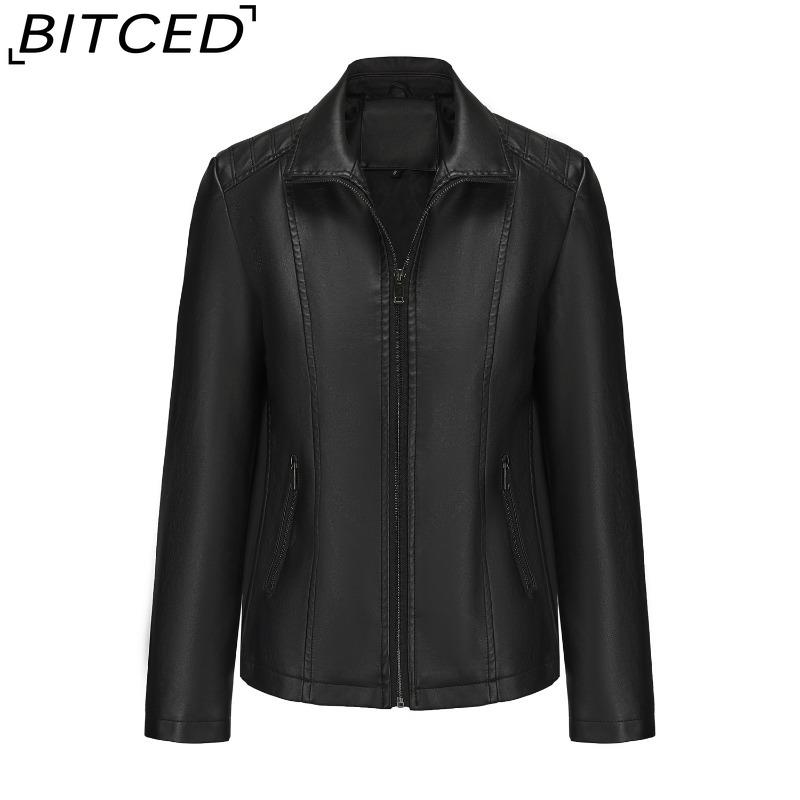 BITCED Fashion Women's Leather Jacket, Short Leather Jacket, Knitted Patchwork Stretch Coat