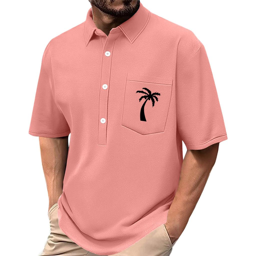 Men's Summer Solid Color Print Four-sided Stretch Lapel Button Pocket Shirt Casual Sports Short-sleeved Top