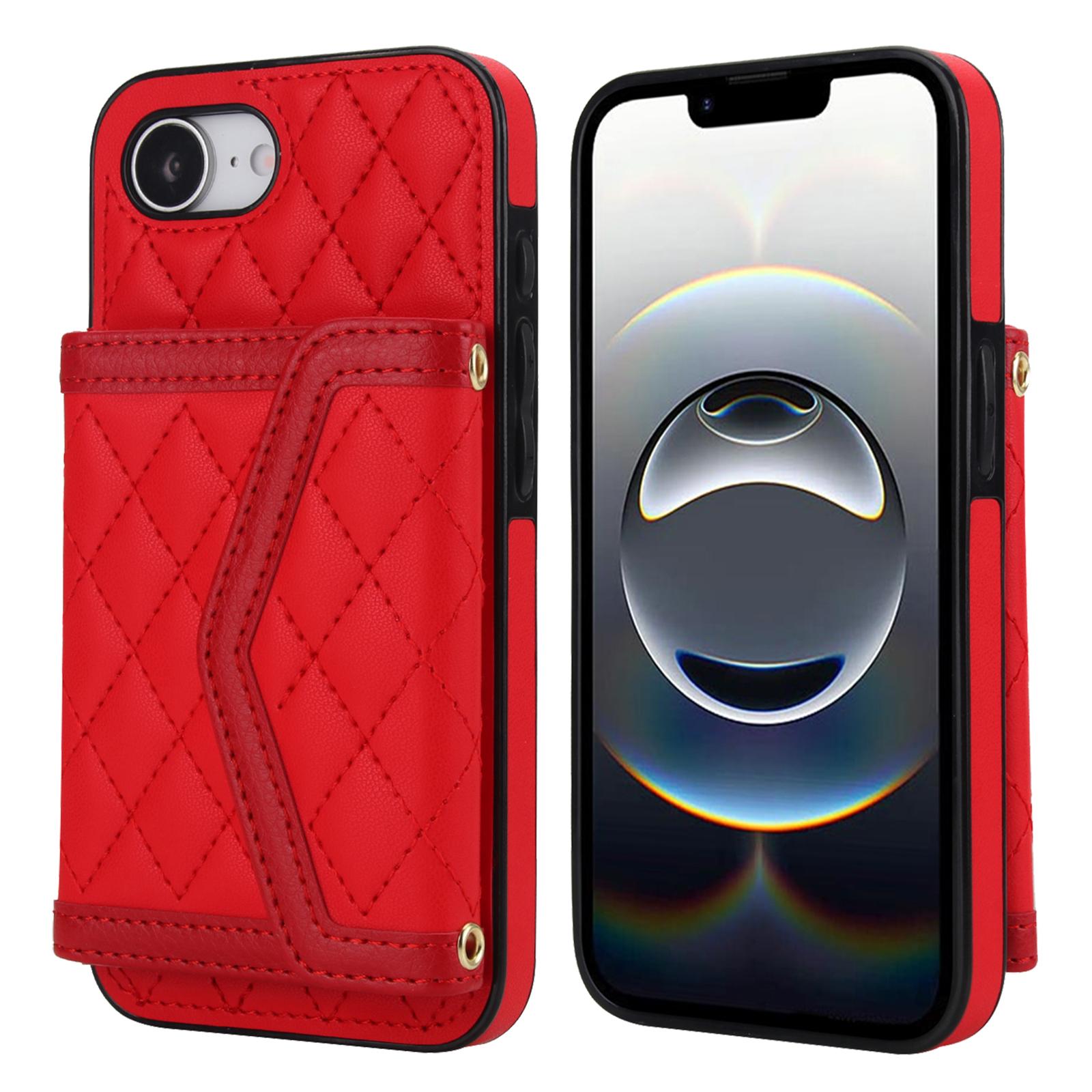 

For iPhone 16e Case Card Holders RFID Blocking PU Leather+TPU Phone Cover with Shoulder Strap Red