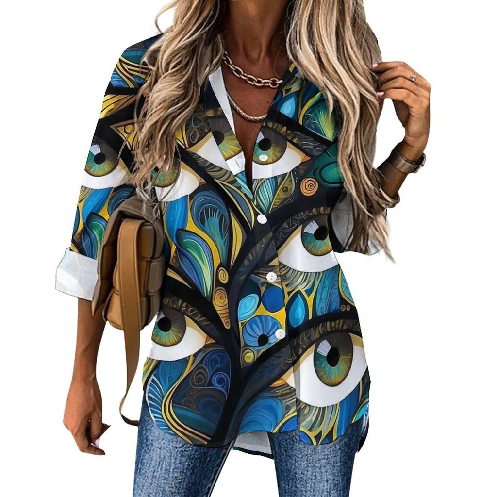 Women Street Fashion Shirt Abstract Evil Eye Casual 2025 New Spring and Autumn Blouse Long Sleeve Vintage Print Office Blouses