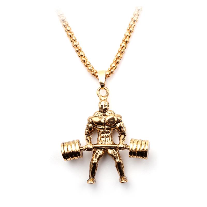 GOLD MUSCLE MEN BODYBUILDER PENDANT NECKLACE DUMBBELL BARBELL WEIGHT LIFTING GOLD MUSCLE MEN BODYBUILDER PENDANT NECKLACE DUMBBELL BARBELL WEIGHT LIFTING