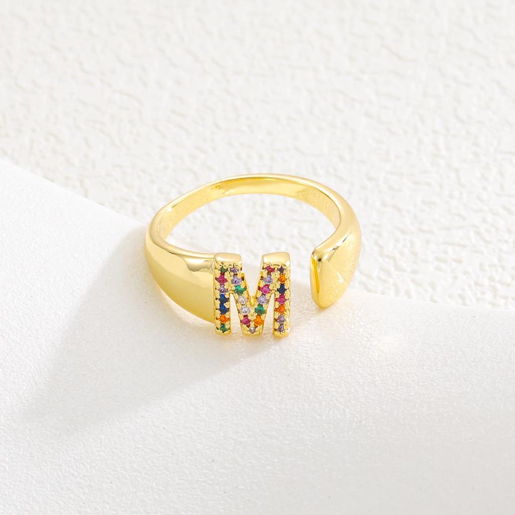 Fashionable Colorful Zircon Alphabet Adjustable Retro Ring