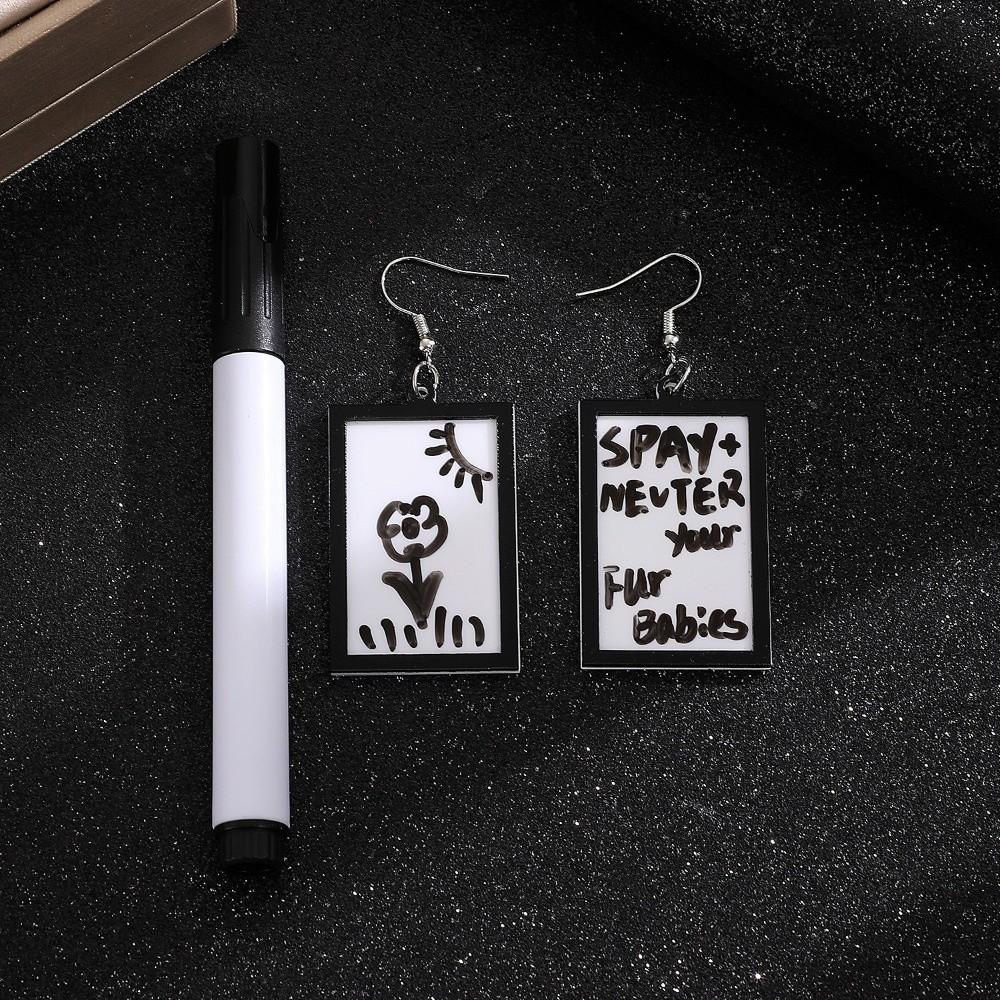 Acrylic Message Board Earrings Fun DIY Whiteboard Eardrop Minimalist with Marker Pen Erasable Drawing Board Dangler Women