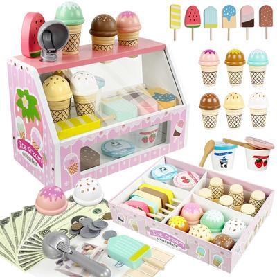 Wooden Montessori Pretend Play Kitchen Set, Ice Cream Shop, Educational Toy, Perfect for Kids, Girls and Boys, Birthday Gift, Christmas Gift (Pink)