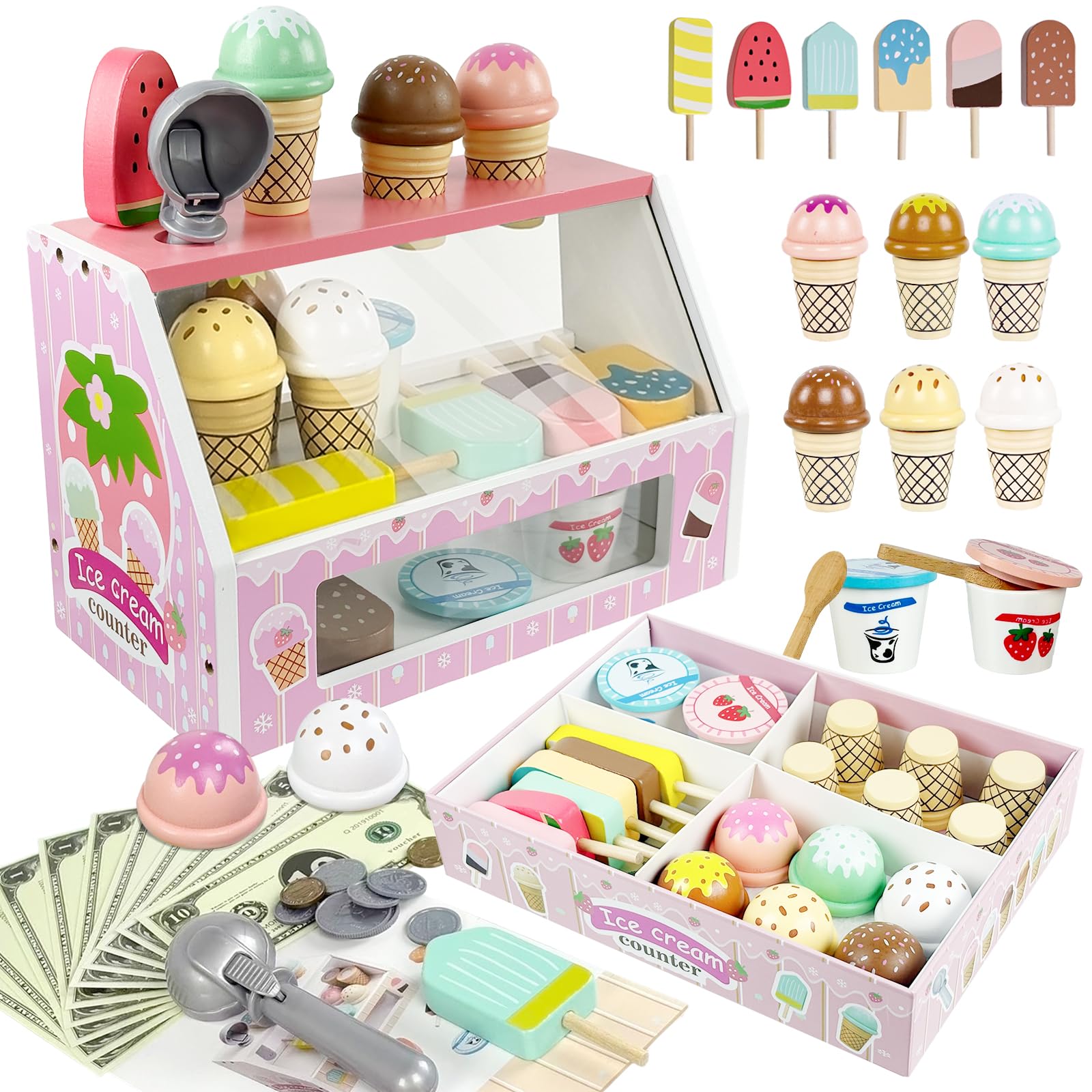 

Wooden Montessori Pretend Play Kitchen Set, Ice Cream Shop, Educational Toy, Perfect for Kids, Girls and Boys, Birthday Gift, Christmas Gift (Pink)