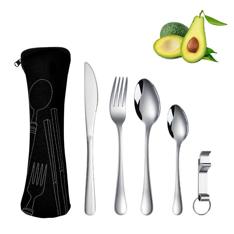 Stainless Steel Travel Cutlery Set: Knife, Fork, Spoon, Bottle Opener with Portable Storage Bag for Outdoor Camping